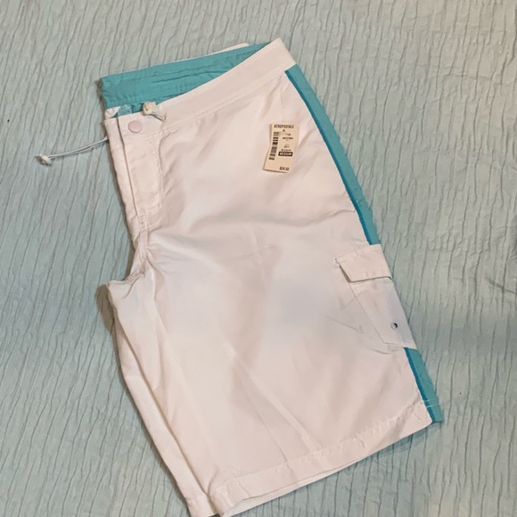 Men’s White & Teal Unlined Velcro Swim Shorts Med - Picture 2 of 6